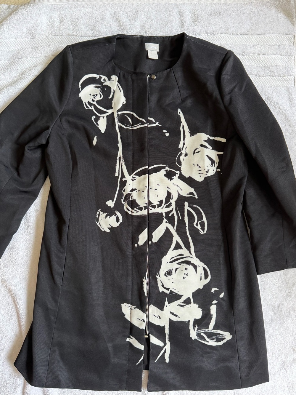 Chico's Black Coat with White Floral Brushstroke Print